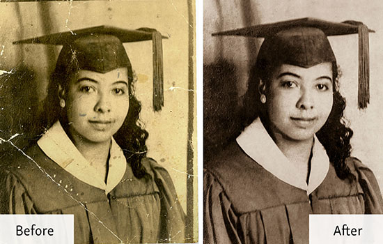 restored photo of a woman in her graduation cap and gown